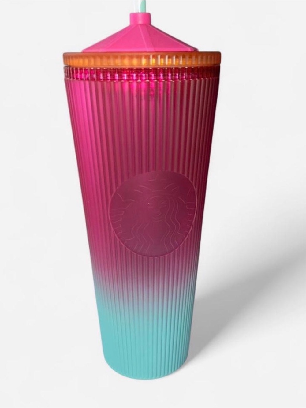 Starbucks Pink and Turquoise Ombre Ribbed Cold Cup with Umbrella Straw Topper